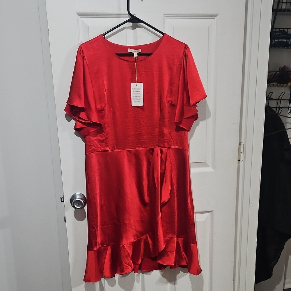 Skies Are Blue Red Satin Ruffle Dress | NWT | Size Large